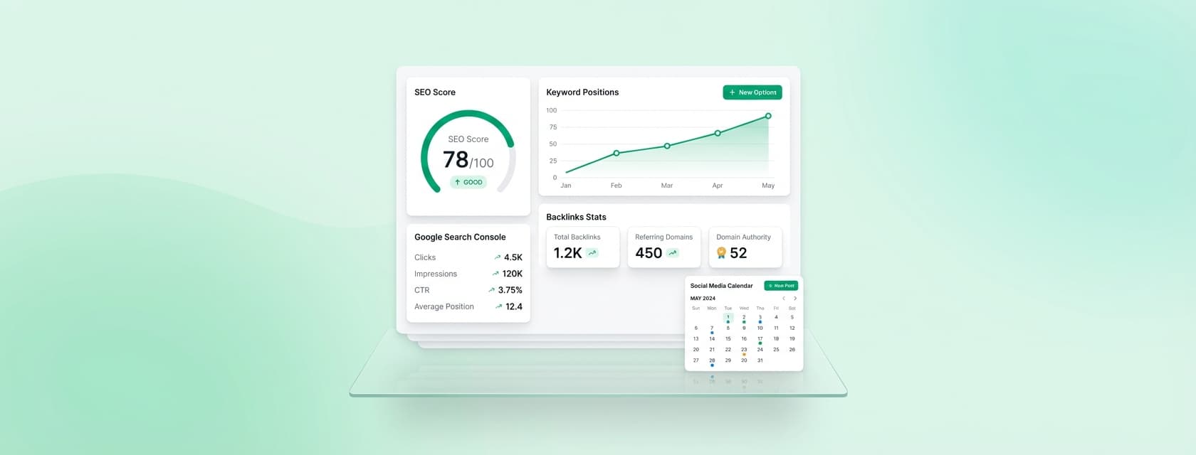 Tableau de bord Visiboard : score SEO, évolution des positions, statistiques de liens et données Search Console.