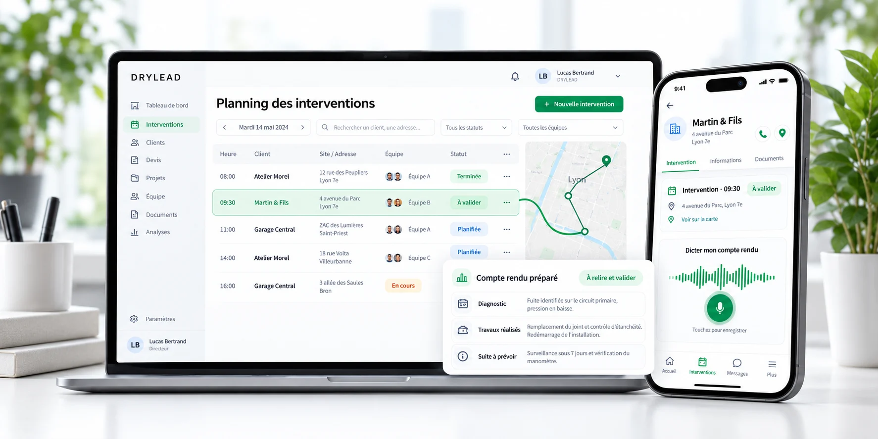 Illustration : un ERP sur ordinateur, son application mobile et un compte rendu préparé par l’IA, à relire et valider.
