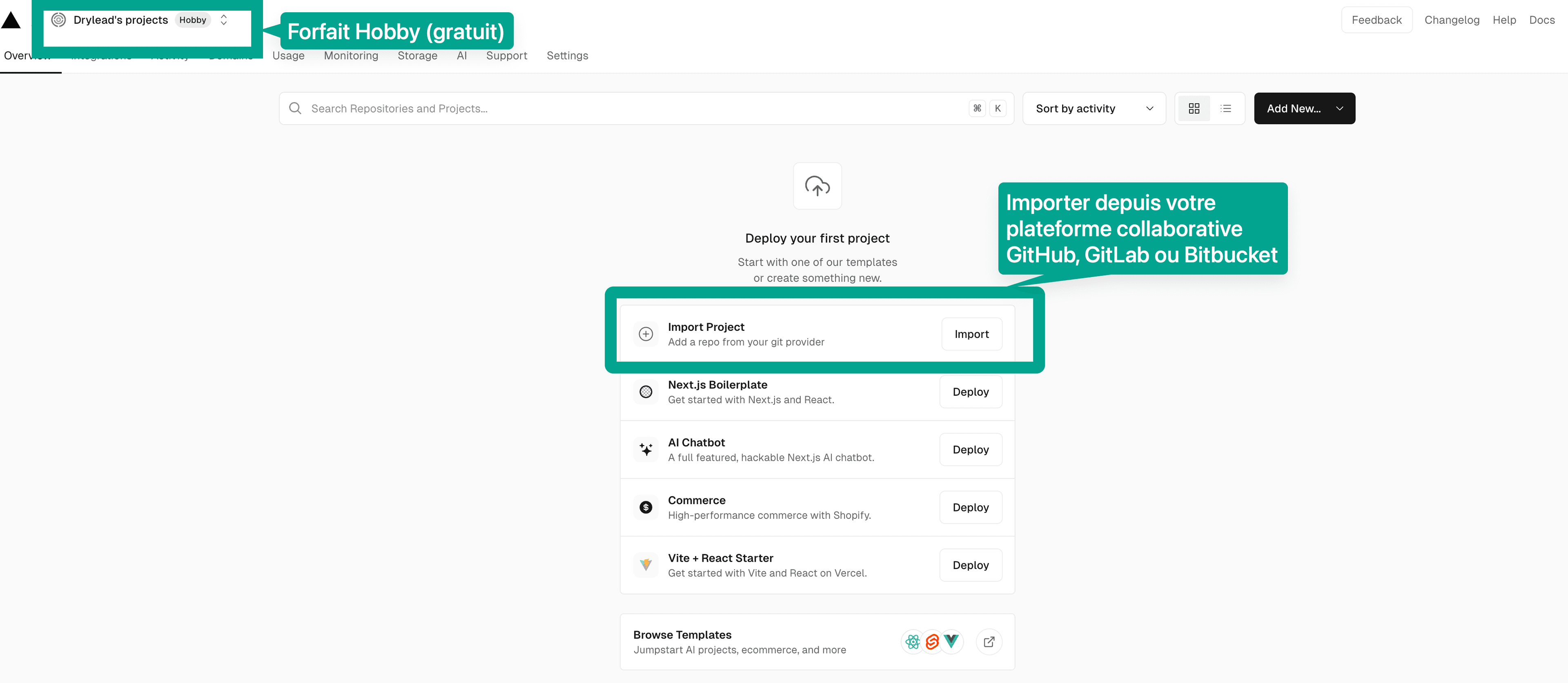 Connexion GitHub sur Vercel