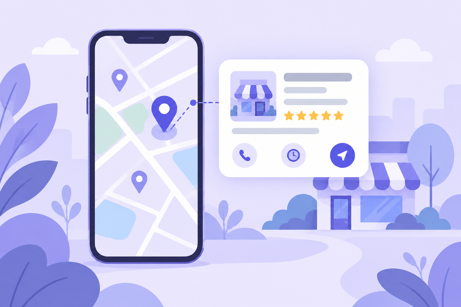 Illustration d’une fiche Google Business Profile associée à un commerce sur une carte locale